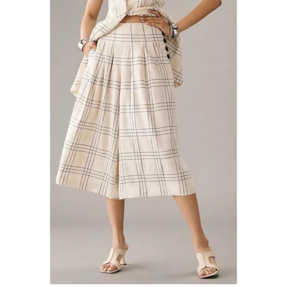 Maeve Anthropologie Sz 2 Wide Leg Linen Blend Culotte Palazzo Ivory Black Plaid